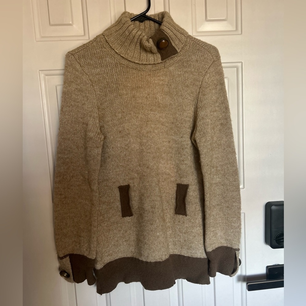 Chaudry Kc Tan Turtleneck Sweater with Button Detail